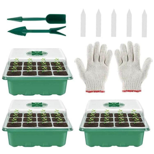 11 Piece Seedling Cultivation Tools Set for Home Gardening with three green nursery boxes, gloves, labels and hand tools