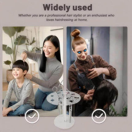 11-Hole Acrylic Wall-Mounted Scissor Storage Stand holding scissors in salon and home settings to organize tools and reduce counter clutter