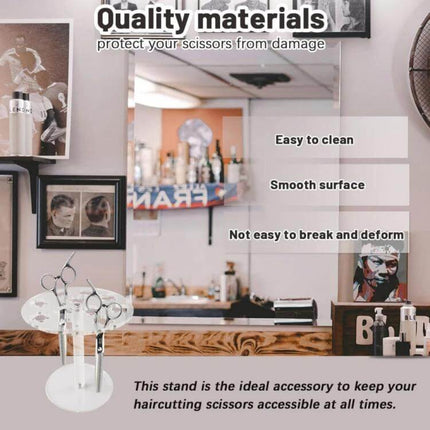 11-Hole Acrylic Wall-Mounted Scissor Storage Stand clear acrylic wall-mounted holder displaying scissors on salon counter, compact organizer for barbers