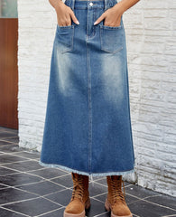 Raw Hem Buttoned Denim Skirt with Pockets