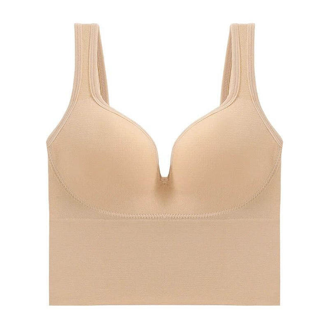 Women's Comfortable Sports Bra with Soft Back Support and Straps - beige seamless vest-style bra with double-shoulder straps for everyday support