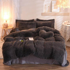 Plush Winter Warm Fleece Bedding Set - Thick Quilted Duvet Cover with Pillowcases for Queen and King Size Beds