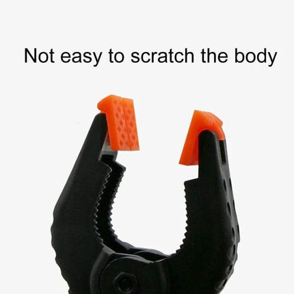 117mm Backdrop Spring Clamp for Photo Studio and Woodworking black spring clamp with orange protective caps, non-scratch jaws, compact grip