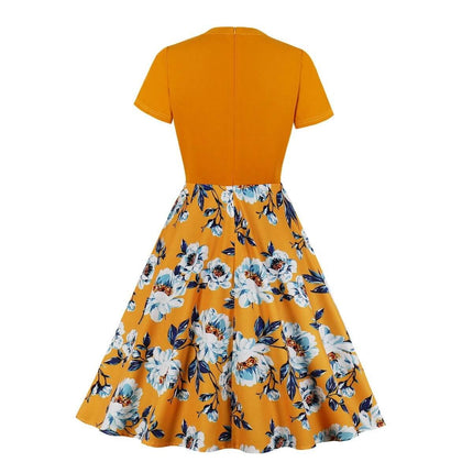 Women's Floral Dress for Casual Everyday Outings - mustard floral fit-and-flare polyester-spandex dress, short sleeves, lightweight for daily wear
