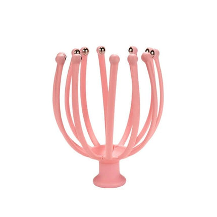 Alt Tag: 12 Claw Head Massager Octopus With Rotating Ball For Scalp Relaxation pink handheld 12-claw scalp massager with stainless steel rotating balls