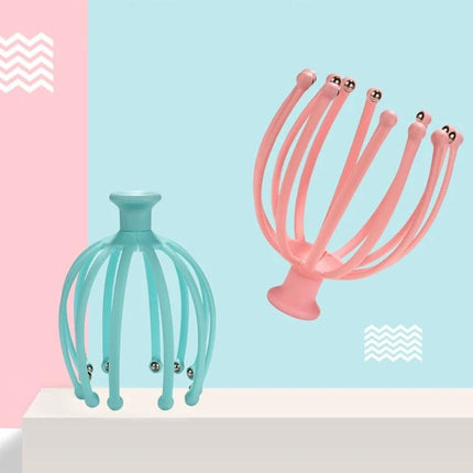 12 Claw Head Massager Octopus With Rotating Ball For Scalp Relaxation in pink and teal, handheld 12-claw scalp massager with rotating stainless steel balls