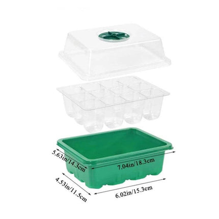 12-Hole Seedling Tray for Starting Seeds in Home Garden with clear PET dome, adjustable vent and labeled dimensions for windowsill seedlings