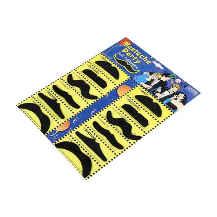 12-In-1 Funny Halloween Mustache Kit for Trick or Treat showing 12 black adhesive costume mustaches on yellow card, ideal for quick Halloween costumes