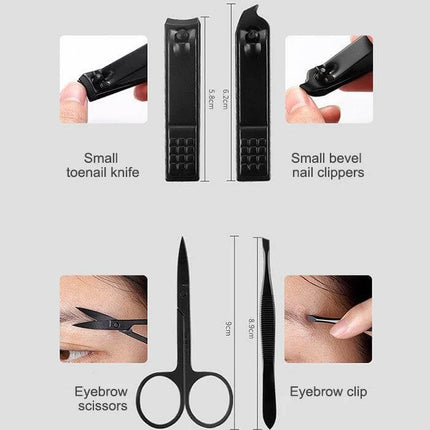 12 In 1 Nail Care Clipper Kit With Leather Case, Red-Black showing small toenail knife, small bevel nail clippers, eyebrow scissors and eyebrow clip tools
