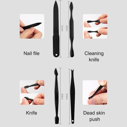12 In 1 Nail Care Clipper Kit With Leather Case, Red-Black showing nail file, cleaning knife, knife and dead skin push tools in black