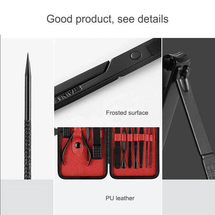 12 In 1 Nail Care Clipper Kit With Leather Case, Red-Black – compact 12-piece manicure set in red-black PU leather travel case