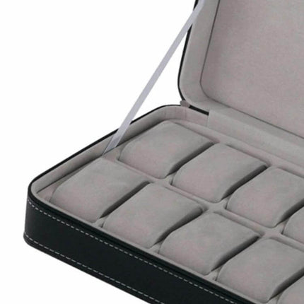 12 Slot Watch Box For Everyday Organization And Protection - black ostrich-pattern PU leather case with 12 cushioned slots to protect and organize watches