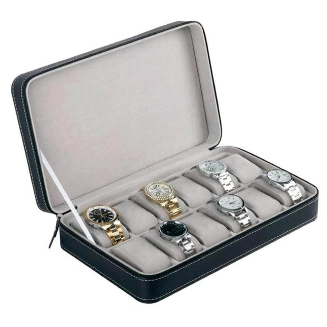 12 Slot Watch Box For Everyday Organization And Protection - black ostrich PU leather case holds 12 watches on bedside or dresser