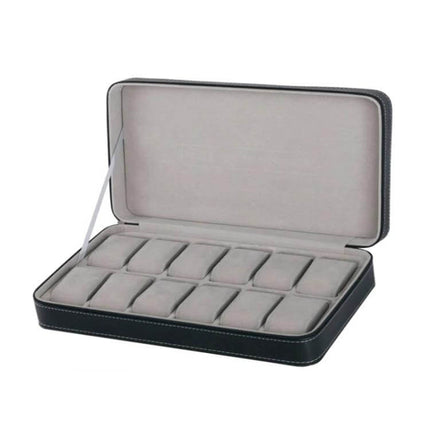12 Slot Watch Box For Everyday Organization And Protection, black ostrich-pattern PU leather case holding 12 cushioned slots to protect watches