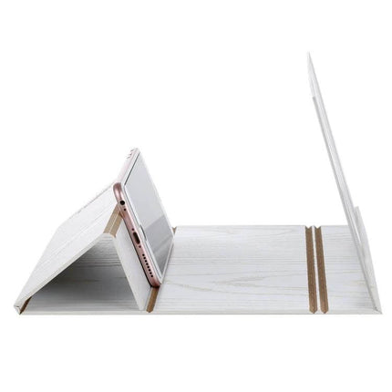 12 Inch Foldable Phone Screen Magnifier With Wooden Frame showing white wooden stand and HD lens enlarging a smartphone screen for video viewing