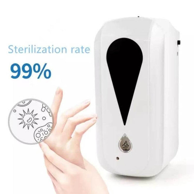 1200ml Wall-Mounted Touchless Sensor Dispenser For Hand Sanitizer white ABS/PC unit with 99% sterilization graphic and hands demonstrating touchless use