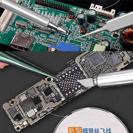 120m Bare Copper Soldering Wire for BGA and PCB Repair shown used on smartphone motherboard and GPU PCB during precise soldering