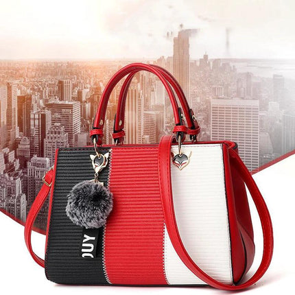 Patchwork Shoulder Bag In PU Leather With Hairball 29cm