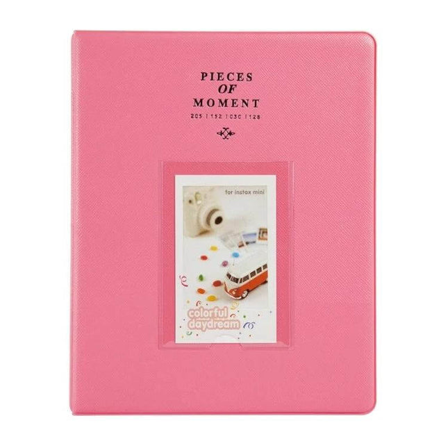 128-Pocket Instax Mini Photo Album For Fujifilm Instax Mini Cameras - pink PVC cover with front photo window and "Pieces of Moment" text