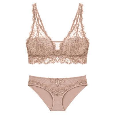 Seamless lace bra set with no rims in nude color, featuring intricate lace design, providing comfort and style for a smooth silhouette.