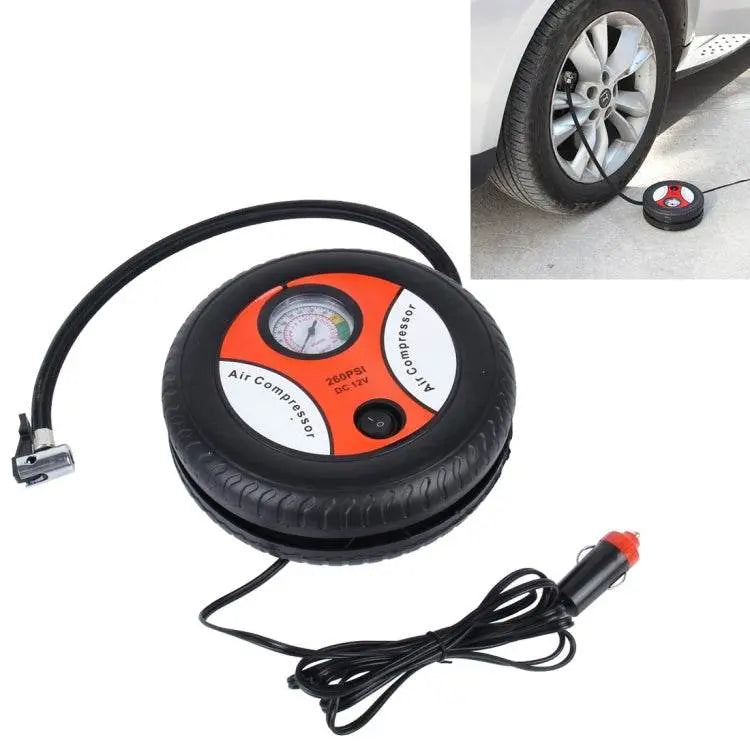 12V 10A Tire Shape Air Pump with Gauge and Adapters