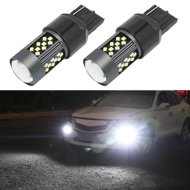 12V 7W Strobe Car LED Fog Light for Cars, Everyday Driving, Pair high-output LED fog lights shown installed on sedan and as pair