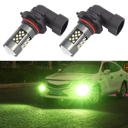 12V 7W Strobe Car LED Fog Light for Cars, Everyday Driving, Pair installed on car emitting bright green fog illumination
