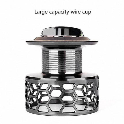 13-Axis Anti-Seawater Spinning Fishing Wheel for Sea Angling close-up of large capacity alloy wire cup with corrosion-resistant honeycomb spool design