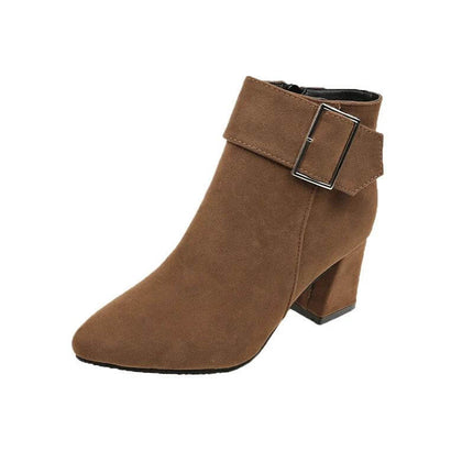 Women's Suede Pointed Martin Boots With Thick Heel in brown suede ankle boot with side zipper and buckle, 6–8 cm block heel, polished office look