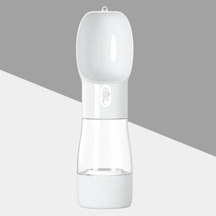 Portable Dog Water Bottle With Food Compartment For Travel - White dual-chamber travel water bottle with top cup and bottom food storage