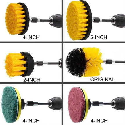 14-In-1 Drill Brush Cleaning Kit With Telescopic Rod showing 2", 4", 5" brush heads, round scrubber, scouring pads and telescopic rod