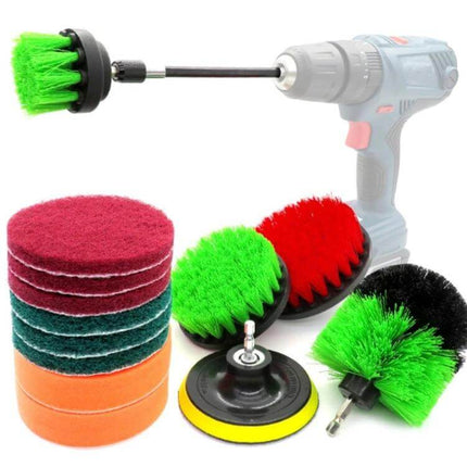 14-In-1 Drill Brush Cleaning Kit With Telescopic Rod showing multiple brush heads, scouring pads, sponges and drill attachment for home cleaning