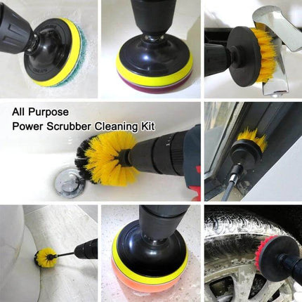 14-In-1 Drill Brush Cleaning Kit With Telescopic Rod showing multiple brush heads, scouring pads and telescopic rod cleaning bathroom, kitchen and outdoor surfaces