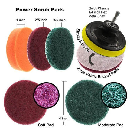 14-In-1 Drill Brush Cleaning Kit With Telescopic Rod showing 4-inch soft and moderate power scrub pads and quick-change metal shaft attachment