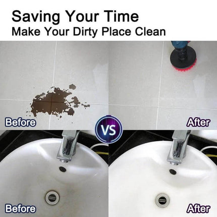 14-In-1 Drill Brush Cleaning Kit With Telescopic Rod cleaning grout and sink before and after results with brush heads and telescopic rod