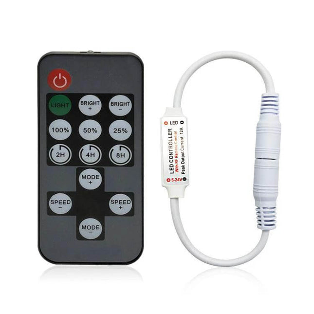 14 Key RF Timer Dimmer For LED Strip Lights Remote Control compact RF dimmer with 14-key remote and inline DC controller for 5–12V LED strips
