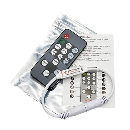 14 Key RF Timer Dimmer For LED Strip Lights Remote Control with compact RF remote, in-line dimmer module and instructions for 5–12V LED strip installations