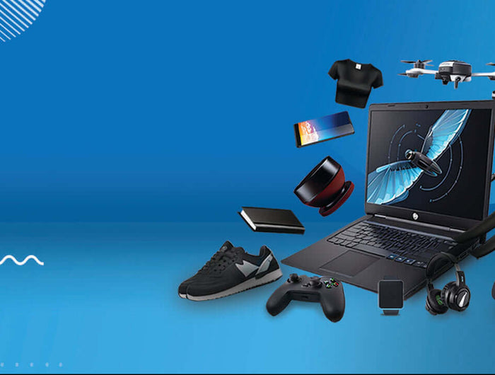 Assortment of tech and lifestyle products including laptop, drone, smartphone, headphones, game controller, sneaker, backpack and smartwatch on blue background