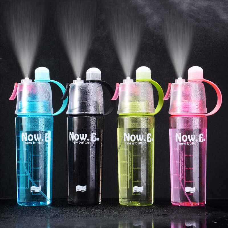 Portable Outdoor Sports Mist Spray Cups in blue, black, green, and pink with misting feature for hydration on-the-go.