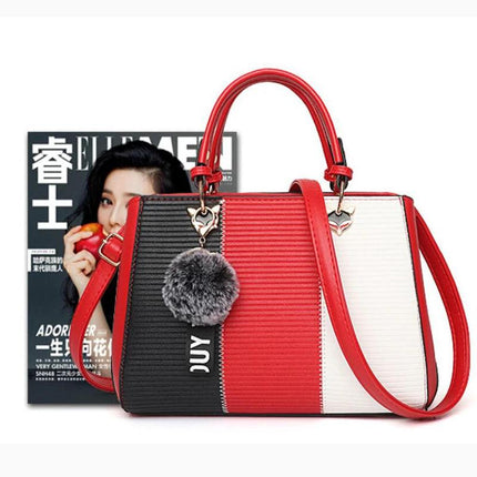 Patchwork Shoulder Bag In PU Leather With Hairball 29cm