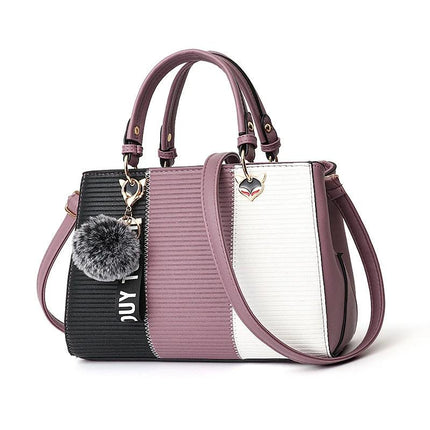 Patchwork Shoulder Bag In PU Leather With Hairball 29cm