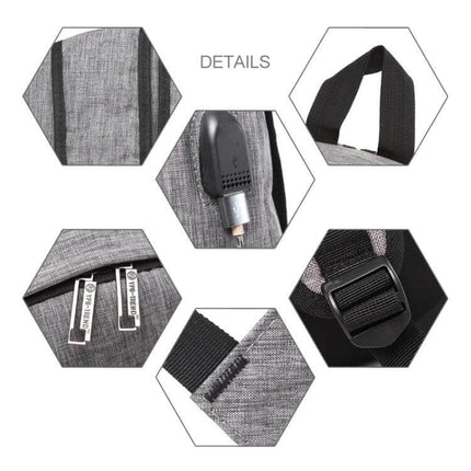 Laptop Backpack For 15.6 Inch And Under Everyday Use - gray oxford cloth, USB charging port, sturdy straps, zipper details, buckle and reinforced stitching