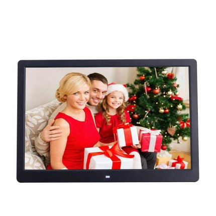 Digital Photo Frame 15-Inch Wall-Mountable For Home Display showing family holiday photo slideshow with gifts and Christmas tree
