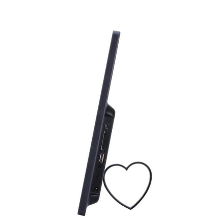 Side view of Digital Photo Frame 15-Inch Wall-Mountable For Home Display showing ports and heart-shaped stand