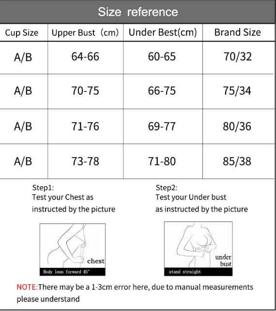 Bra size chart for upper bust and under bust measurements with fitting instructions.