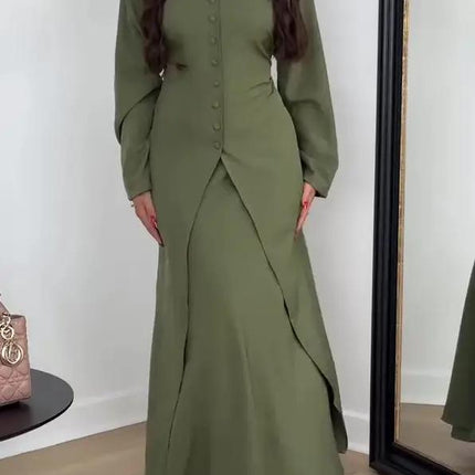 Solid Color Long Sleeve Top And Skirt Set For Daily Wear