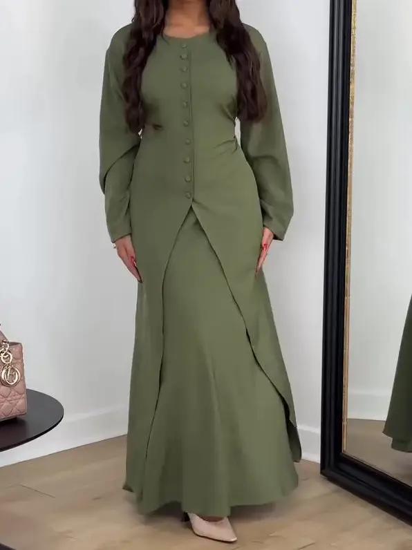 Solid Color Long Sleeve Top And Skirt Set For Daily Wear