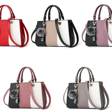 Patchwork Shoulder Bag In PU Leather With Hairball 29cm
