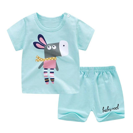 Soft Cotton Short Sleeve T-Shirt and Shorts for Toddlers - Light Blue toddler set with animal print tee and matching shorts, 1-3 years, 100% cotton