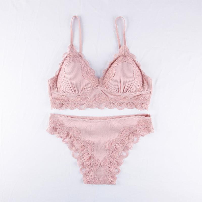 Blush pink Synd Lingerie Ensemble with lace detailing, showcasing elegance and comfort for the modern woman.